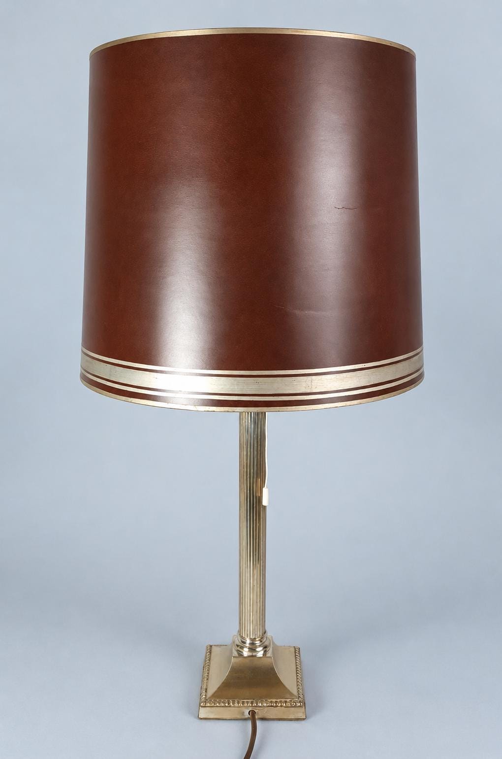 Antique Fluted Column Table Lamp with Worn Silver-Tone Finish, Beaded Square Base and Modern Shade