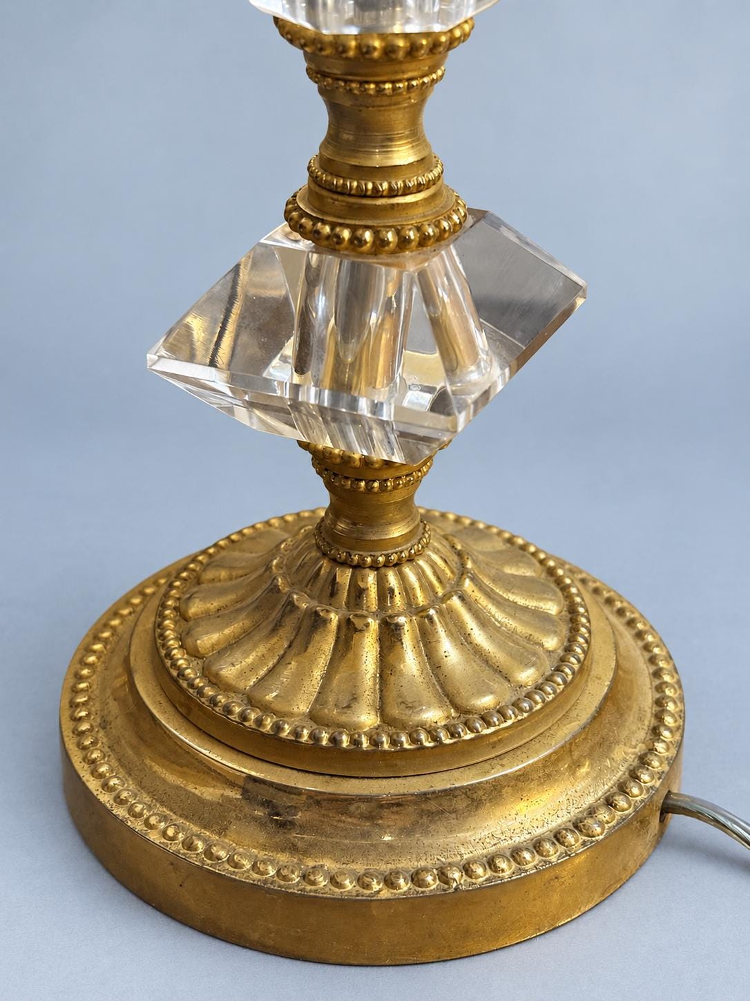 Vintage 1950s Louis XVI Style Cut Clear Glass and Gilt Metal Table Lamp with Gathered Fabric Shade