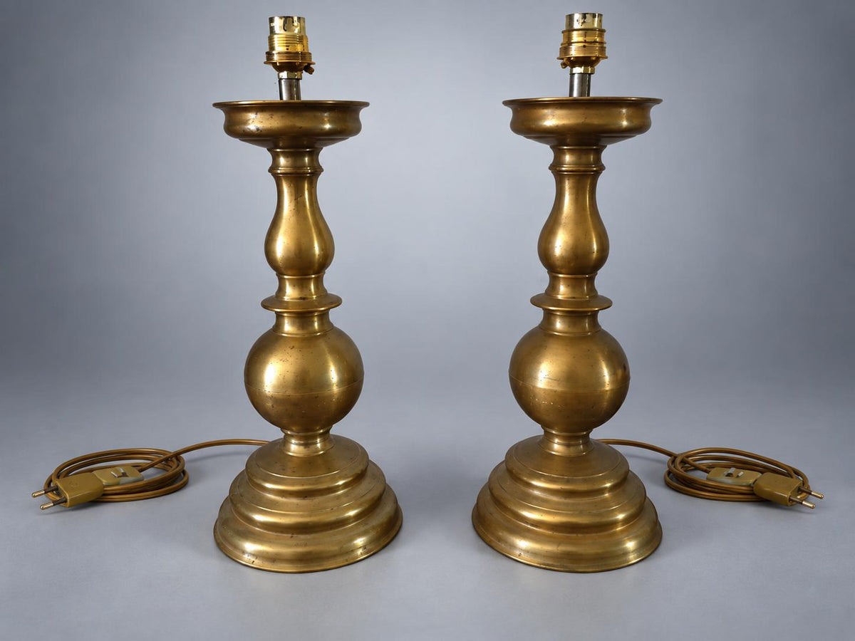 Pair of Electrified Candlestick-Form Table Lamps in Brass-Toned Metal 38 x 14 cm