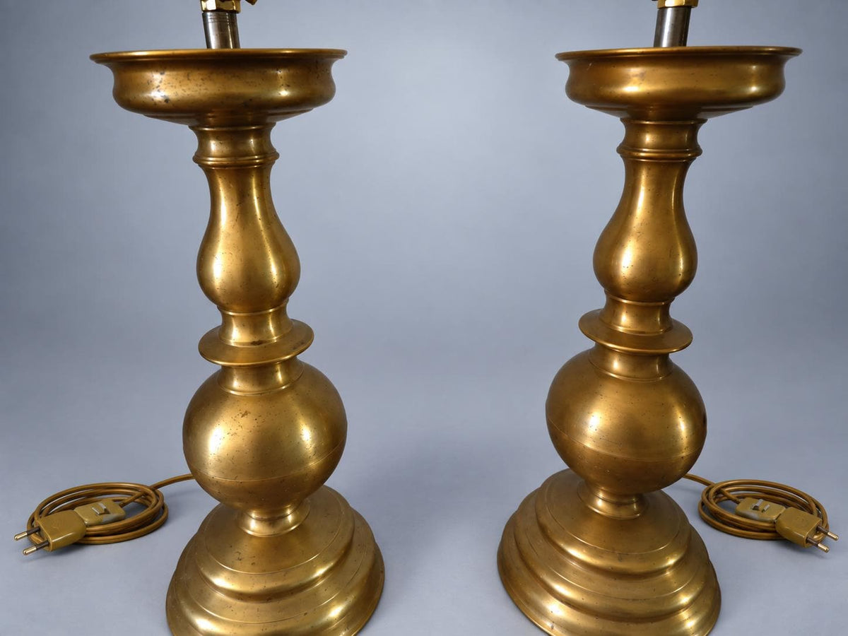 Pair of Electrified Candlestick-Form Table Lamps in Brass-Toned Metal 38 x 14 cm