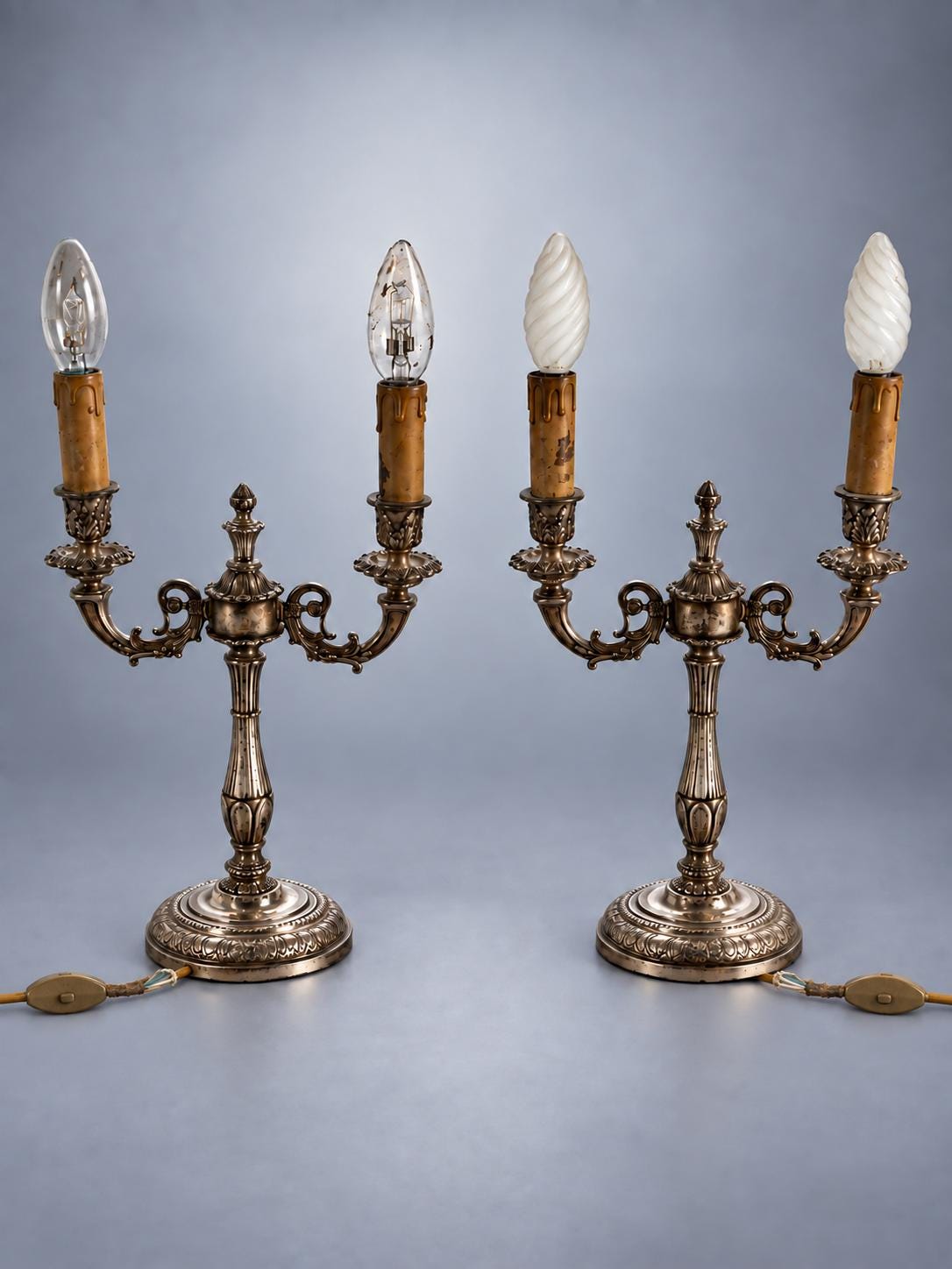 Pair of Three-Light Candelabra Table Lamps in Silver-Toned Metal, 42 x 23 cm