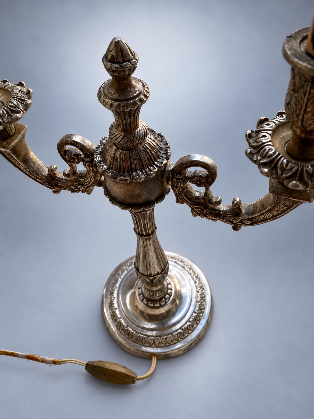 Pair of Three-Light Candelabra Table Lamps in Silver-Toned Metal, 42 x 23 cm
