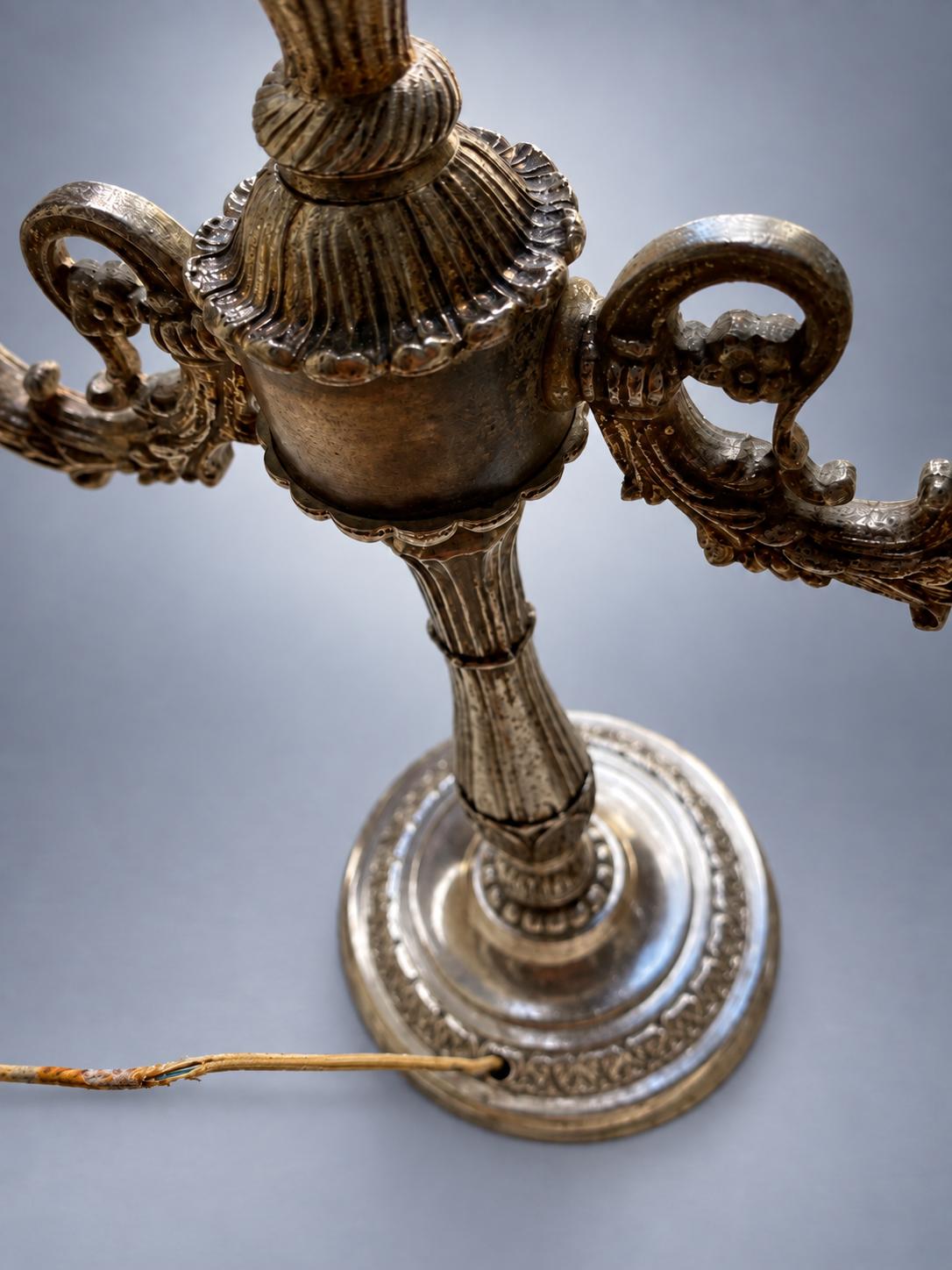 Pair of Three-Light Candelabra Table Lamps in Silver-Toned Metal, 42 x 23 cm
