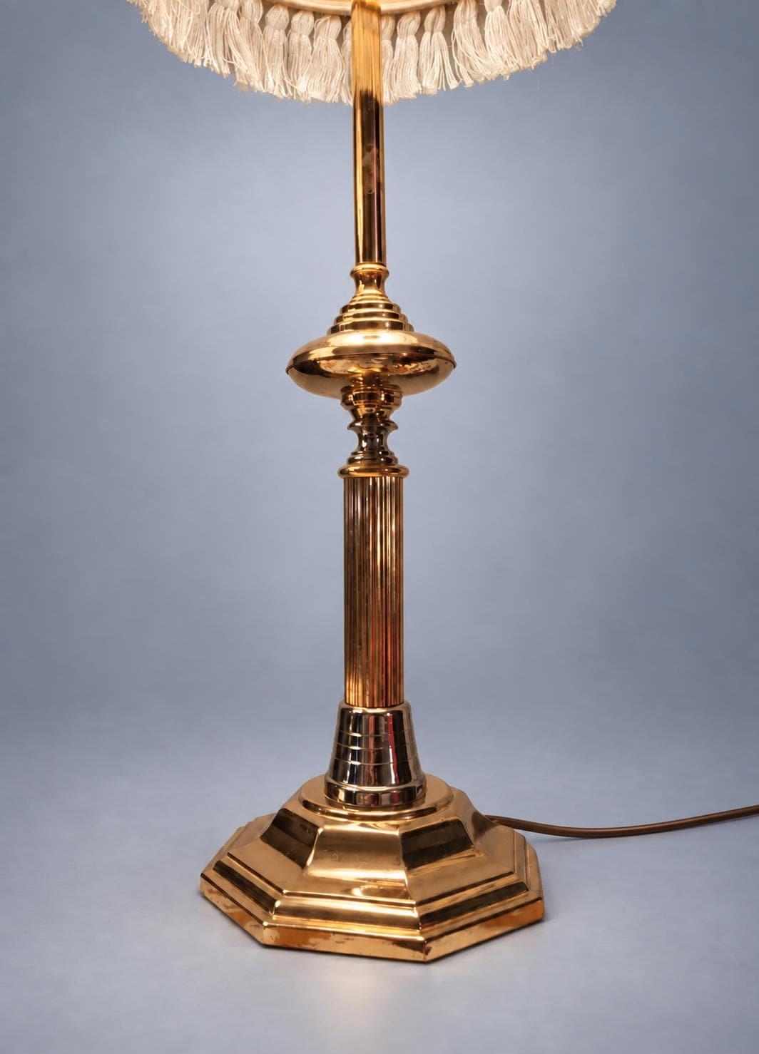 Pair of Column Table Lamps in Gold-Tone Metal with Fringed Shades