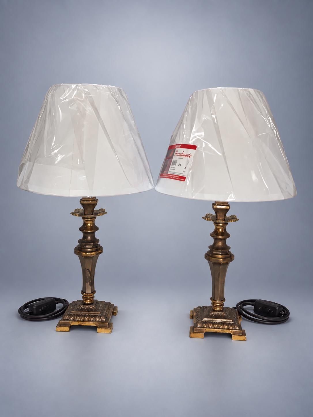 Pair of Vintage Candlestick Table Lamps with White Fabric Shades, 35 x 20 cm