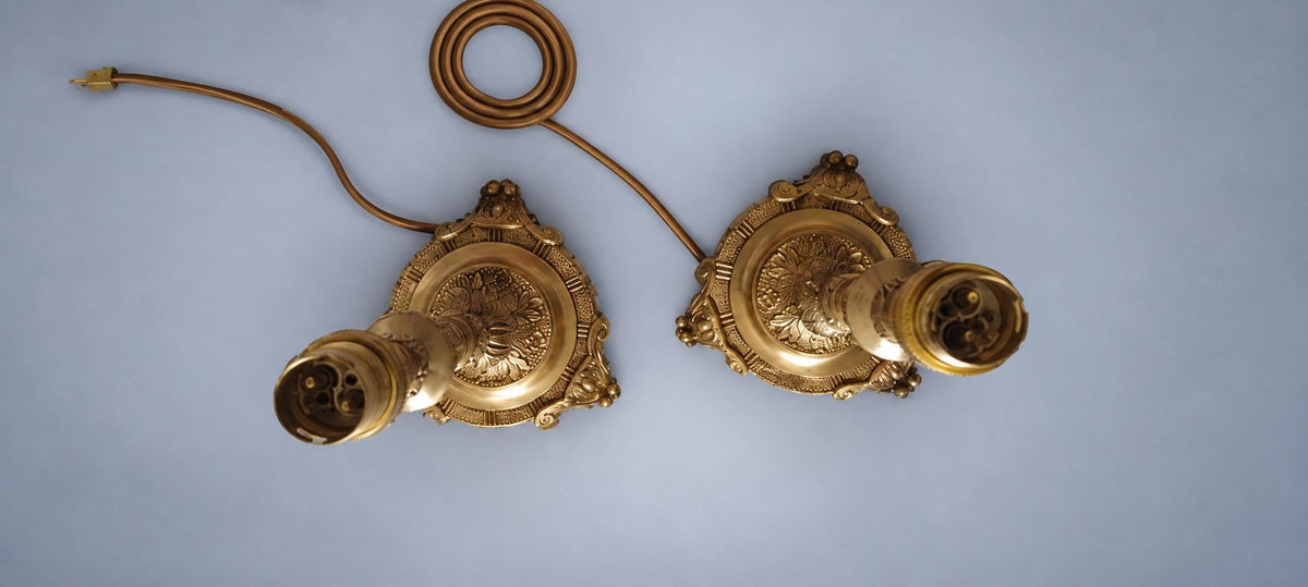 Pair of Ornate Brass Lamp Bases, Rococo-Style Candlestick Form, Decorative Feet, 27 cm