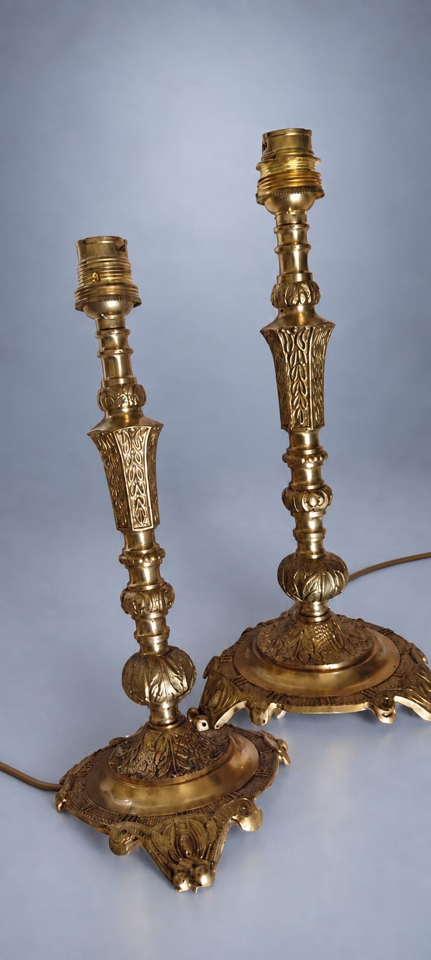 Pair of Ornate Brass Lamp Bases, Rococo-Style Candlestick Form, Decorative Feet, 27 cm
