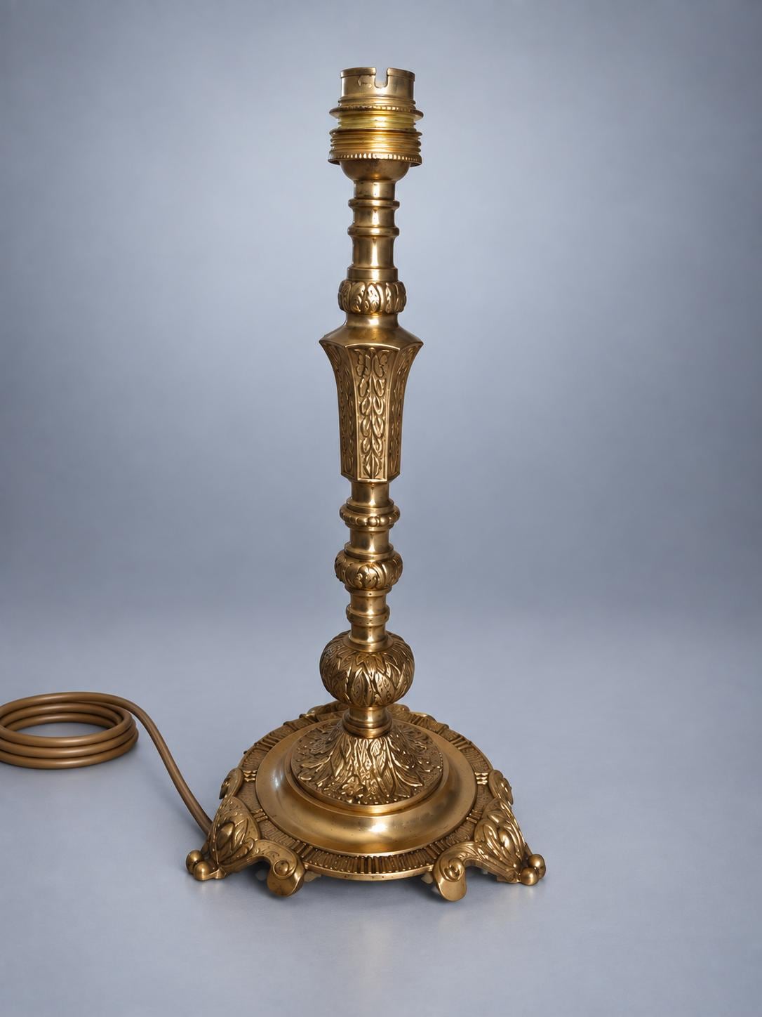 Pair of Ornate Brass Lamp Bases, Rococo-Style Candlestick Form, Decorative Feet, 27 cm