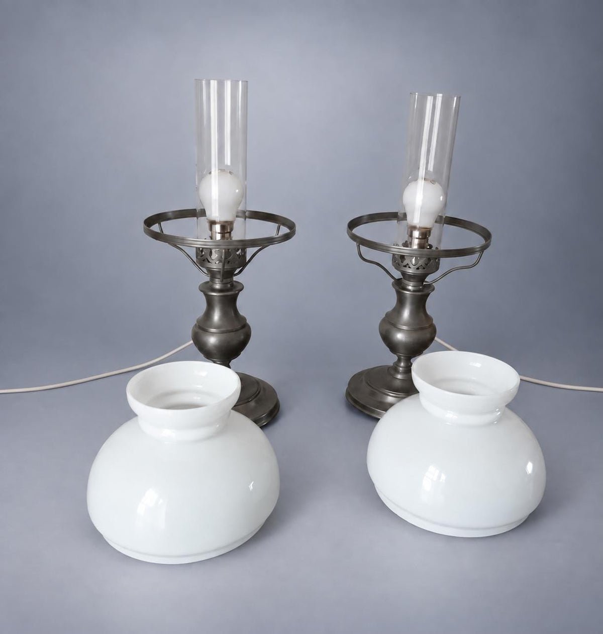 Pair of Pewter and Opal Glass Table Lamps, Oil-Lamp Form, 35 cm