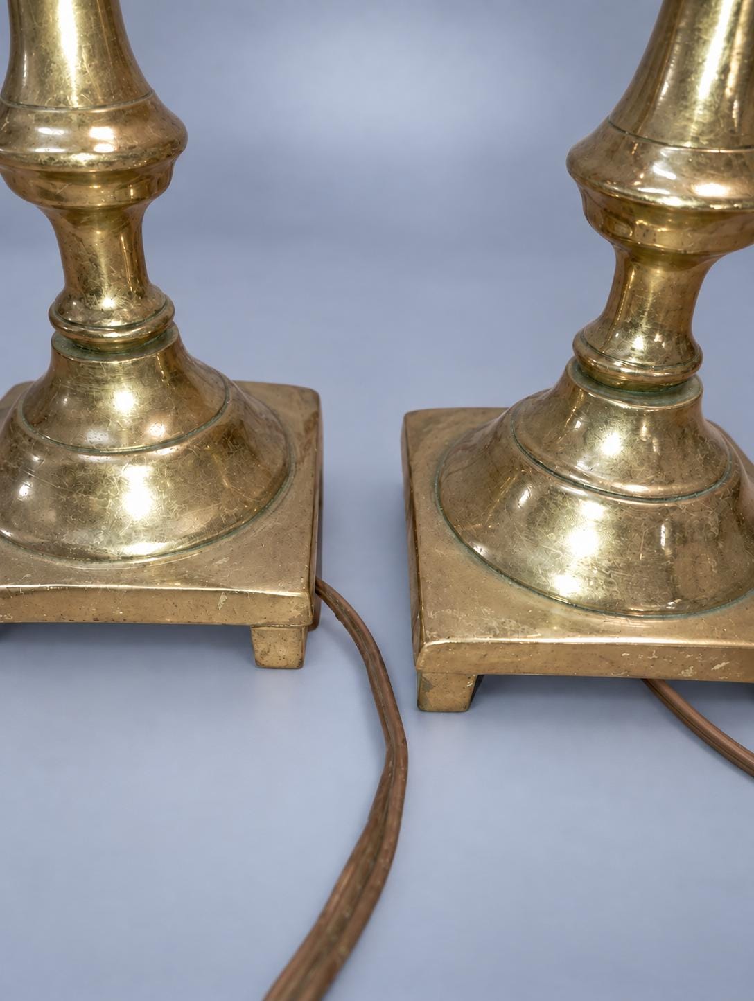 Pair of Gold-Tone Candlestick Table Lamp Bases, Square Feet, 27 cm