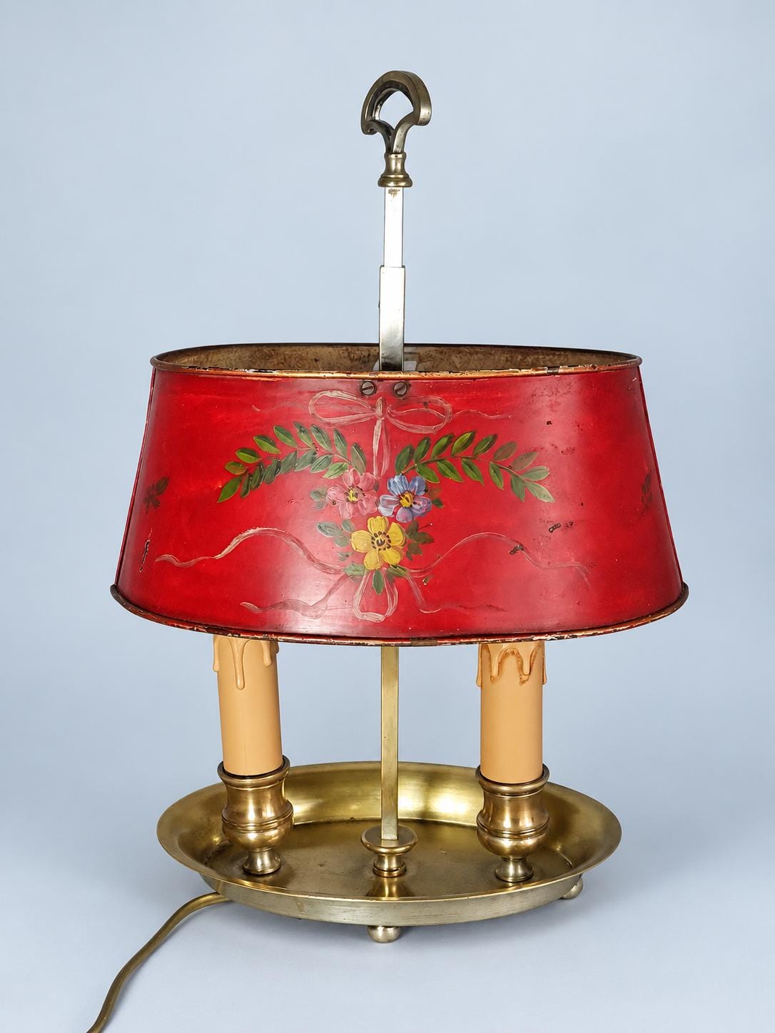 Antique Small Bouillotte Two-Light Lamp with Brass-Tone Dished Base and Painted Red Tôle Shade with Flowers and Ribbons