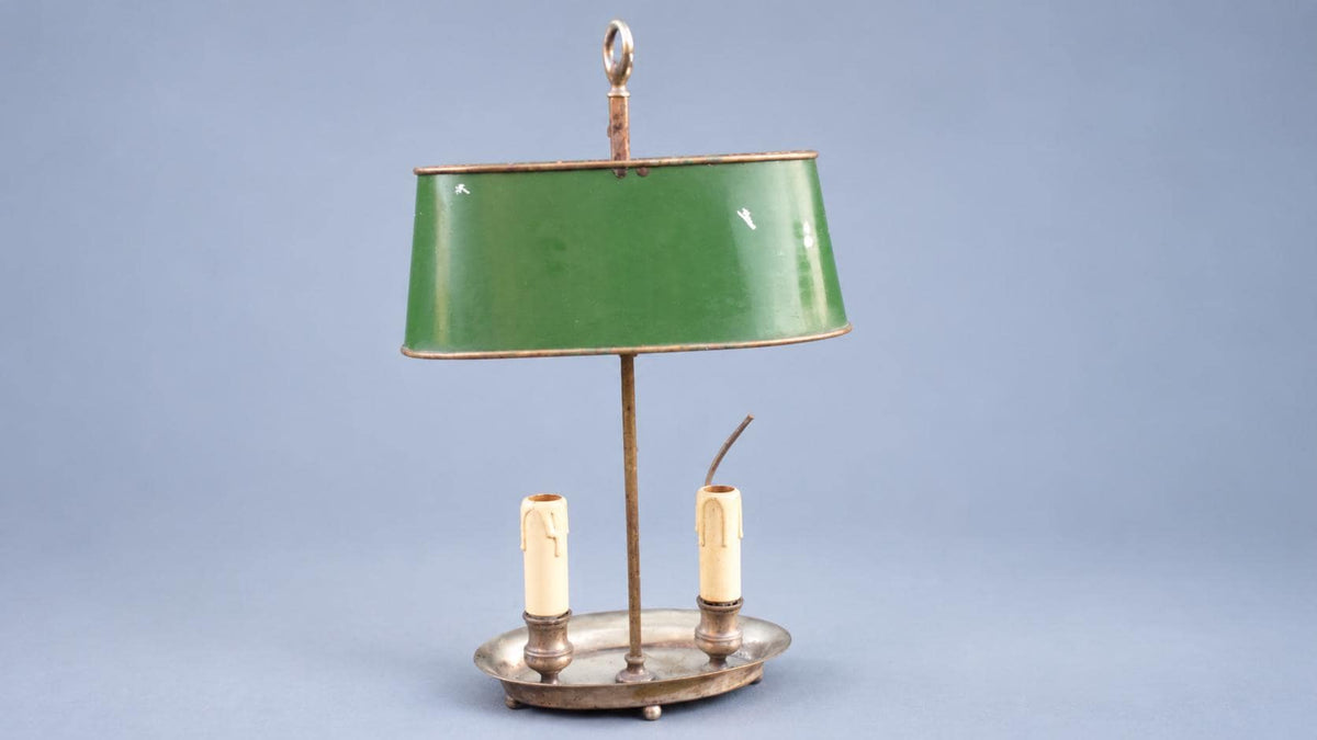 Vintage Bouillotte Two-Light Lamp with Silver-Tone Dished Base and Green Tôle Shade