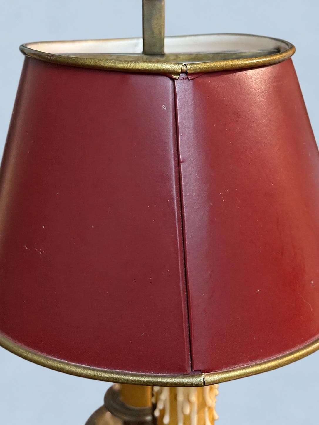 Vintage Bouillotte Two-Light Lamp with Patinated Brass-Tone Navette Base and Red Tôle Shade