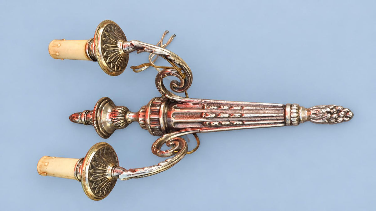 Vintage Louis XVI Style Single Two-Arm Silver-Tone Wall Sconce with Fluted Torch and Palmette Drip Pans