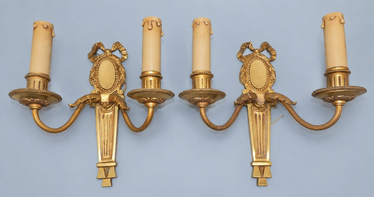Pair of Vintage Bronze Wall Sconces, Louis XVI Style, Bow and Laurel Backplates, Two Arms Each