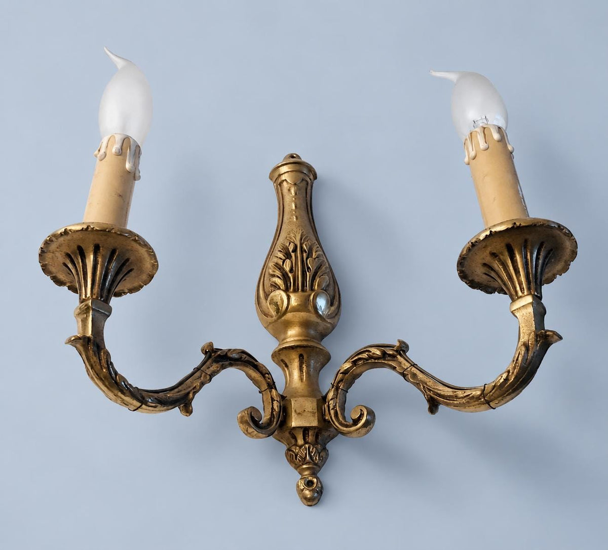 Vintage Pair of French Louis XVI Style Two-Arm Bronze-Tone Wall Sconces with Acanthus Back Plates