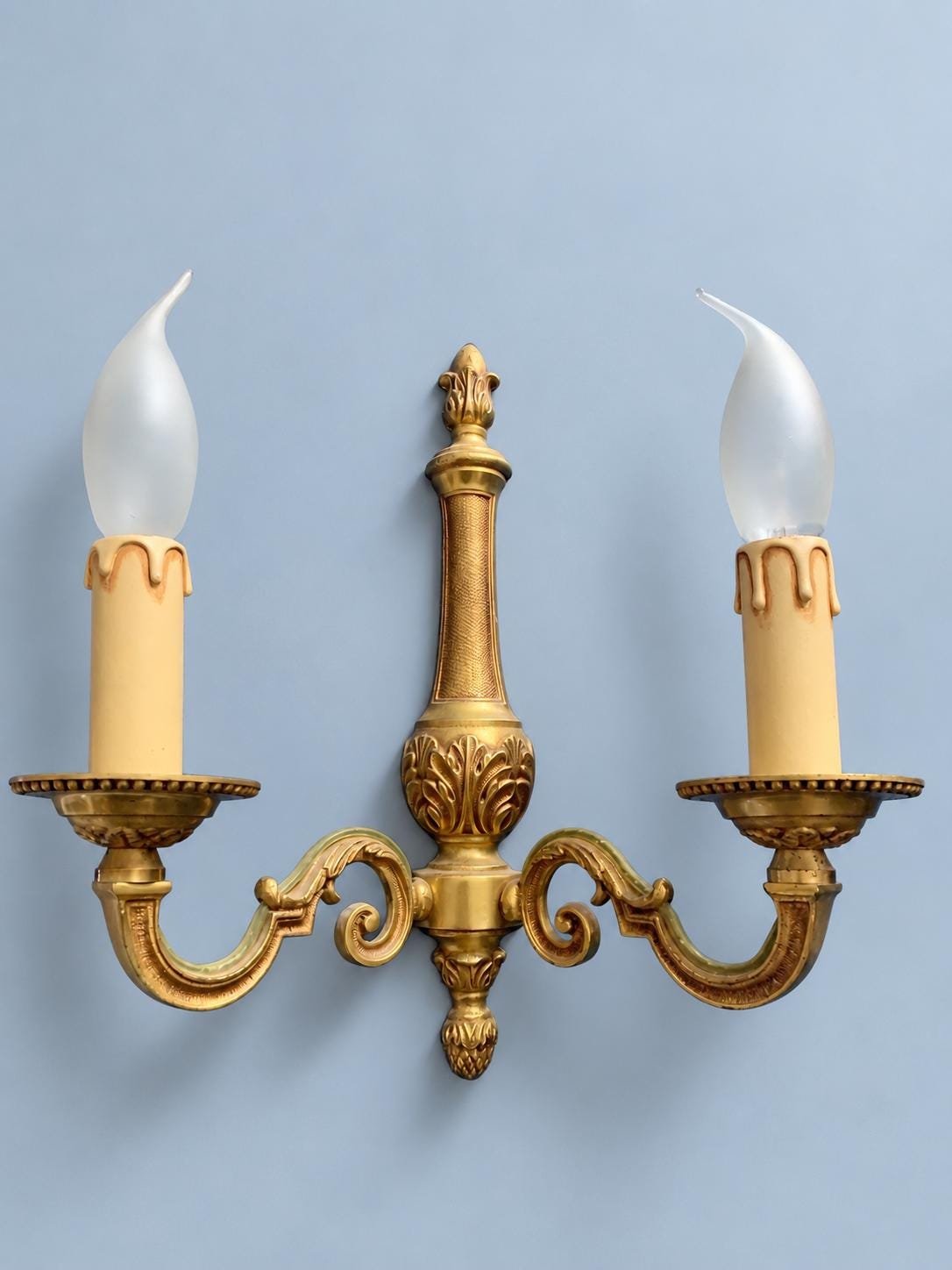 Vintage Pair of French Louis XVI Style Two-Arm Gilt Metal Wall Sconces with Acanthus Column Back Plates