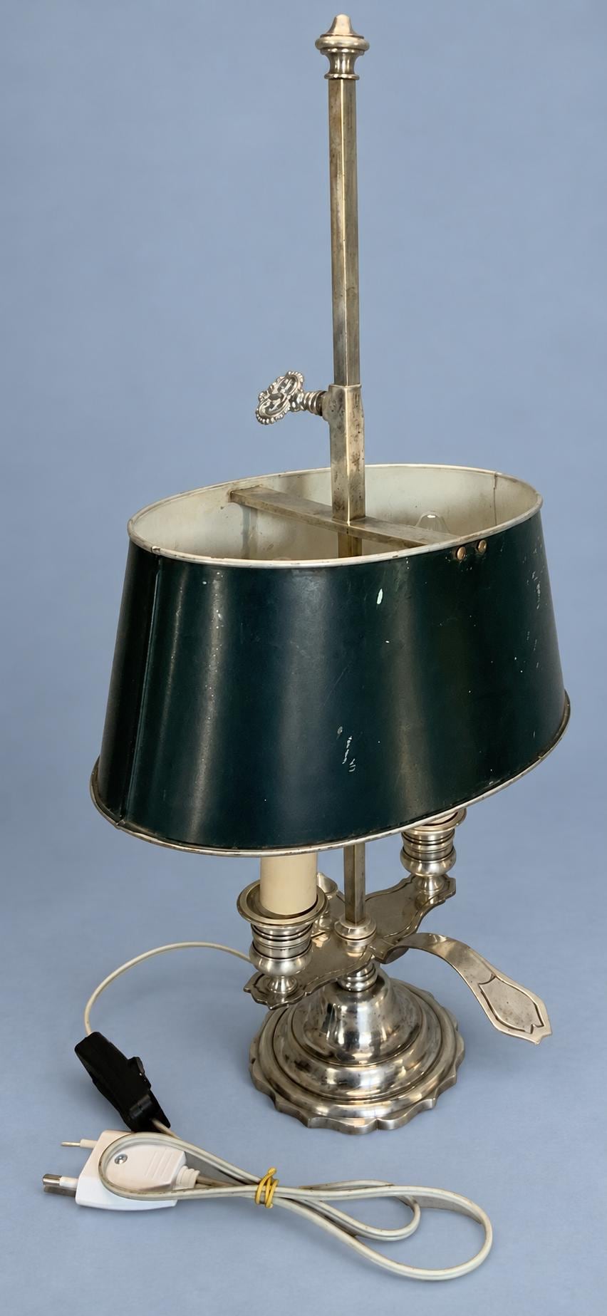 Antique French Two-Light Bouillotte Lamp, Silver-Plated Bronze, Dark Green Tole Shade, Scalloped Base, 46 cm
