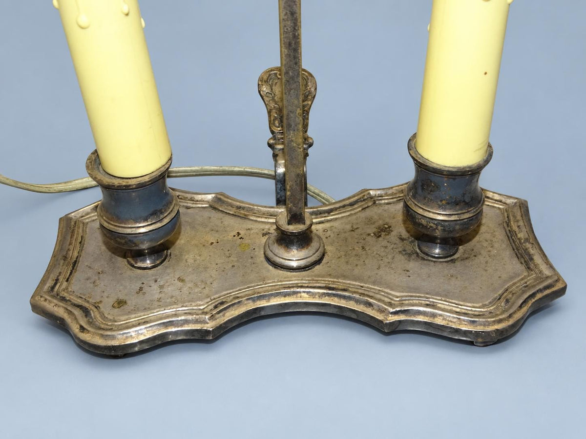 Vintage Bouillotte Two-Light Lamp with Shaped Silver-Tone Base and Dark Green Tôle Shade