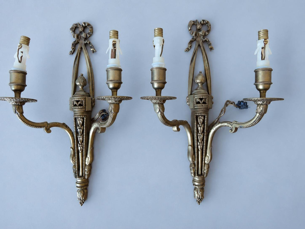 Vintage Pair of Louis XVI Style Two-Arm Bronze-Tone Wall Sconces with Ribbon Bow Crests and Pierced Quivers