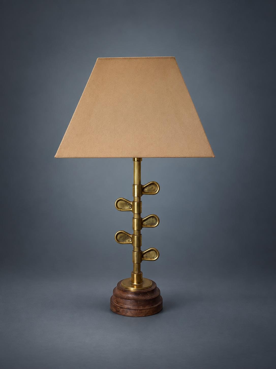 Sculptural Brass Table Lamp with Walnut Wood Base, Circa 1950 — European