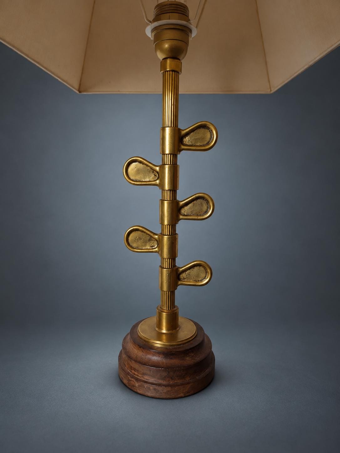 Sculptural Brass Table Lamp with Walnut Wood Base, Circa 1950 — European