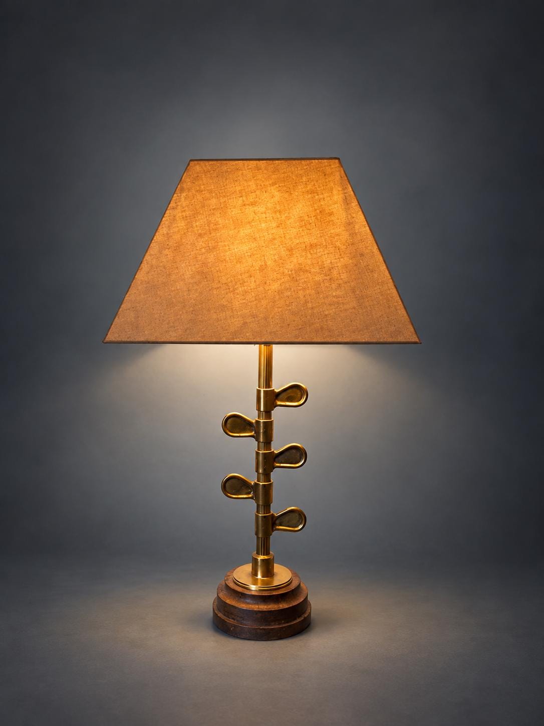 Sculptural Brass Table Lamp with Walnut Wood Base, Circa 1950 — European