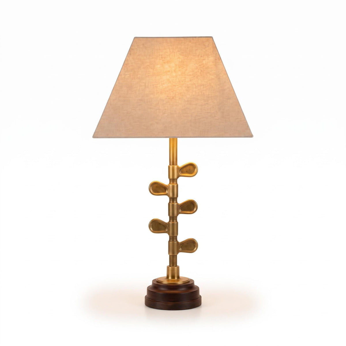Sculptural Brass Table Lamp with Walnut Wood Base, Circa 1950 — European