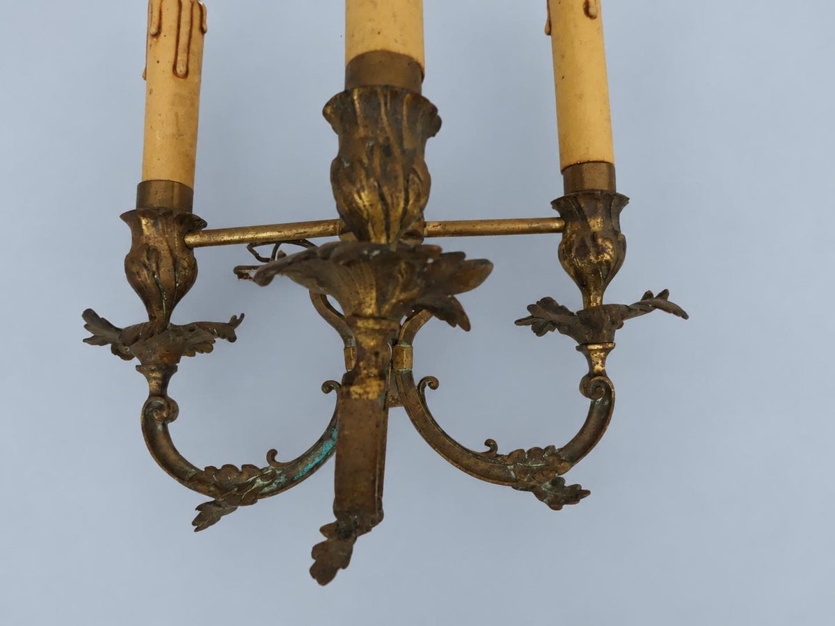 Antique Bronze Three-Arm Wall Sconce, Oak Leaf and Acorn Decor, Louis XVI Style, Aged Candle Sleeves