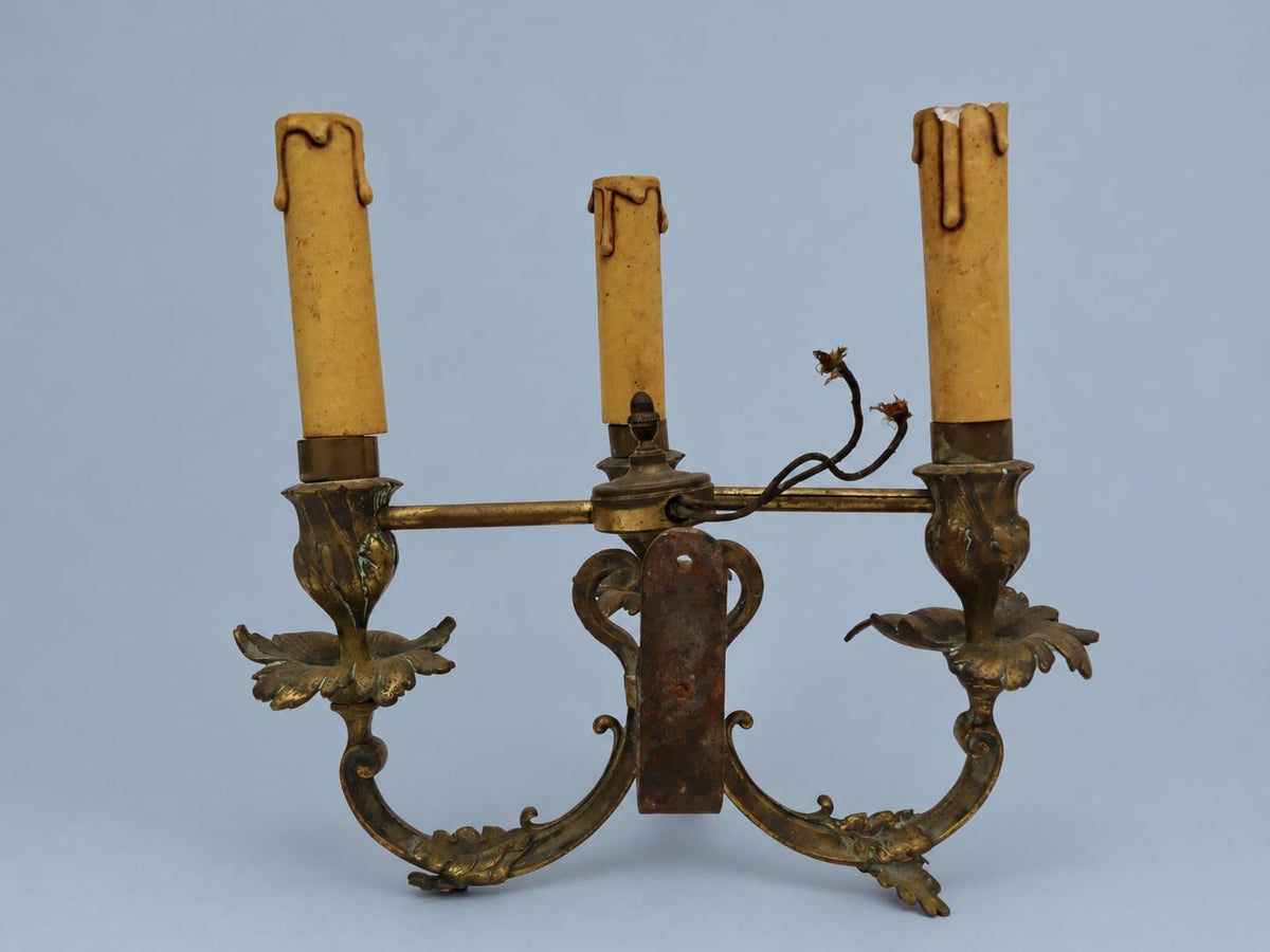 Antique Bronze Three-Arm Wall Sconce, Oak Leaf and Acorn Decor, Louis XVI Style, Aged Candle Sleeves