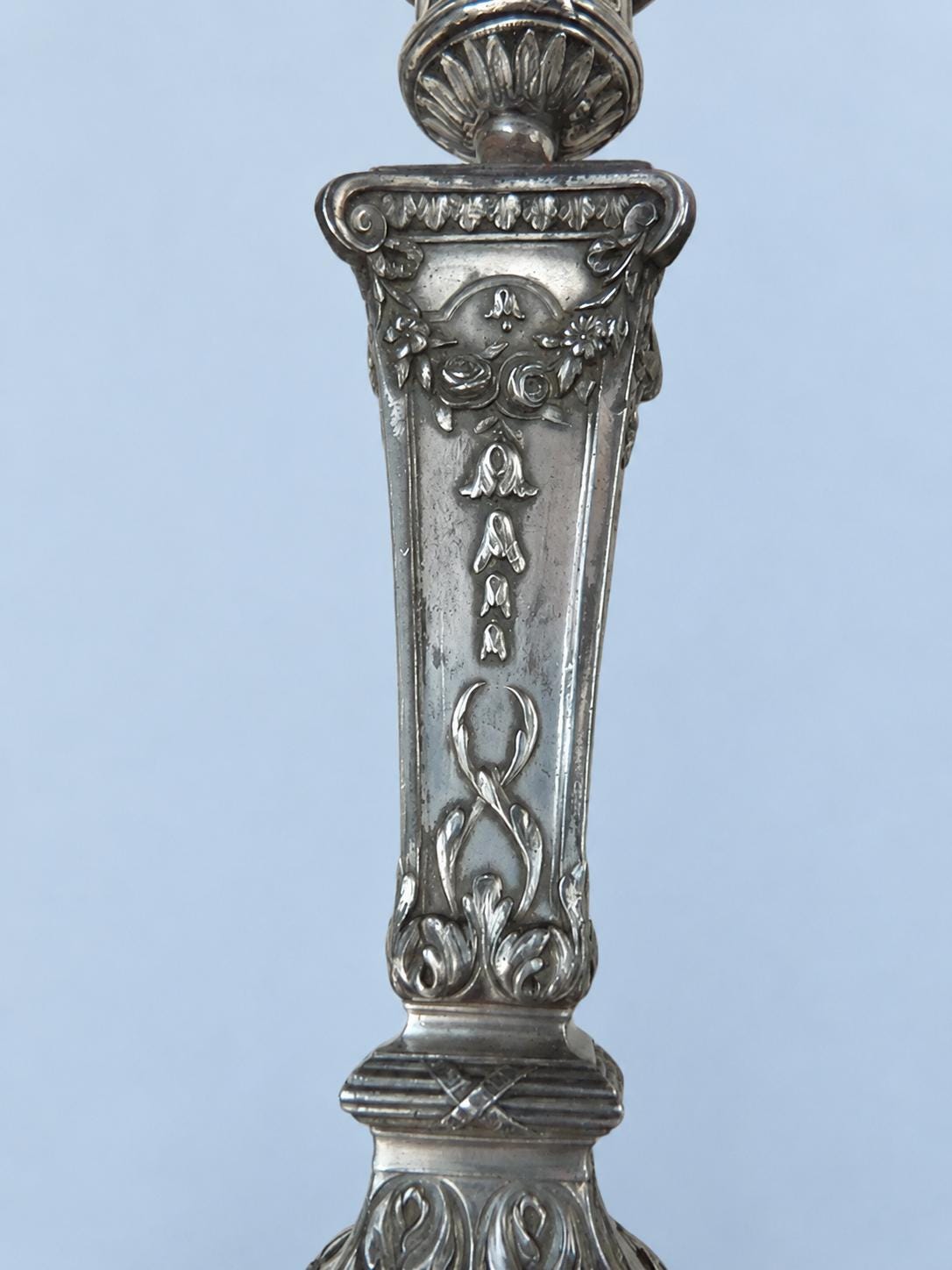 Vintage Louis XVI Style Silver-Tone Candlestick Lamp with Ribbon Garlands and Embroidered White Shade