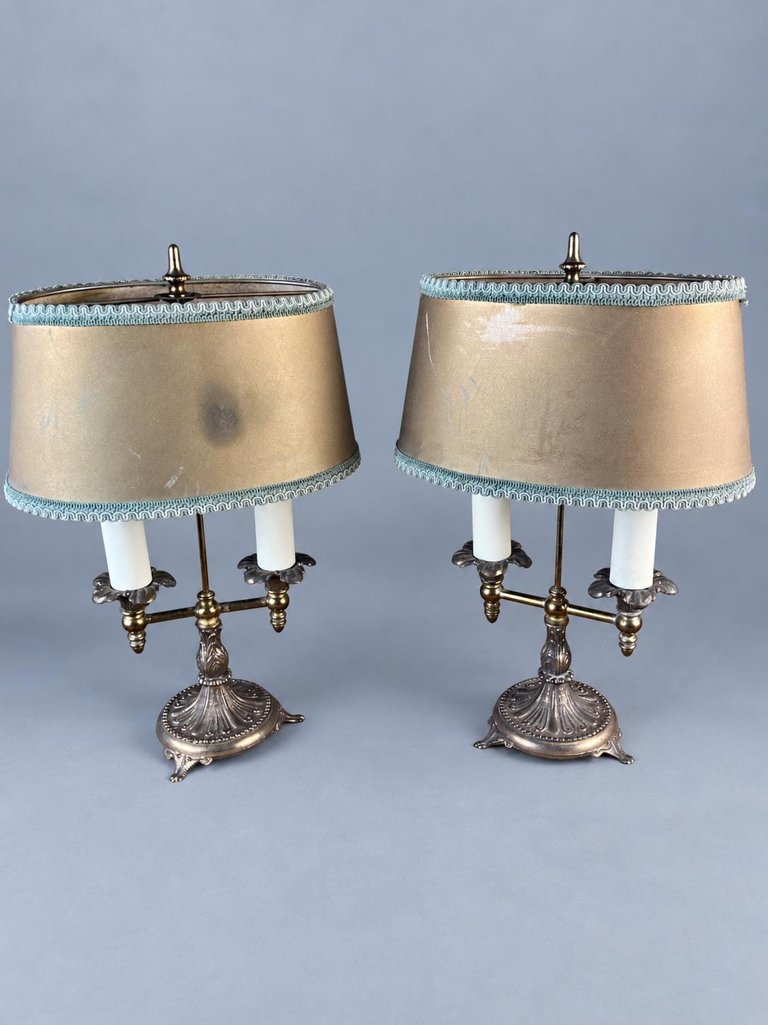Vintage Bronze Bouillotte Table Lamps Pair, Tan Shades with Blue Braid, Two Arms Each, 37 cm