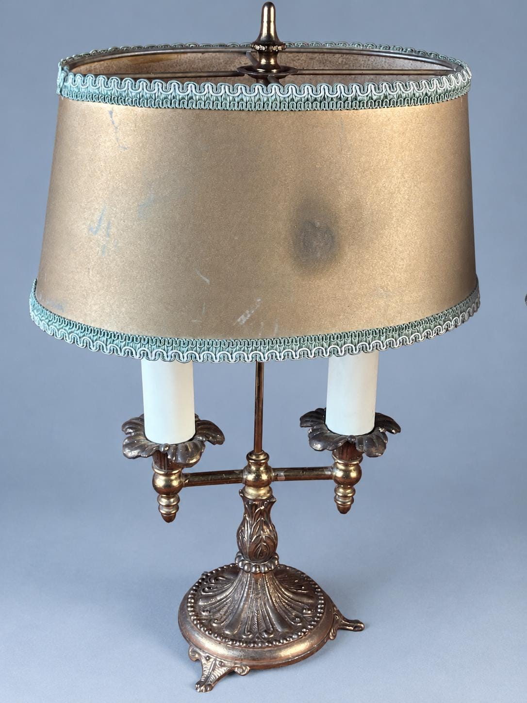 Vintage Bronze Bouillotte Table Lamps Pair, Tan Shades with Blue Braid, Two Arms Each, 37 cm