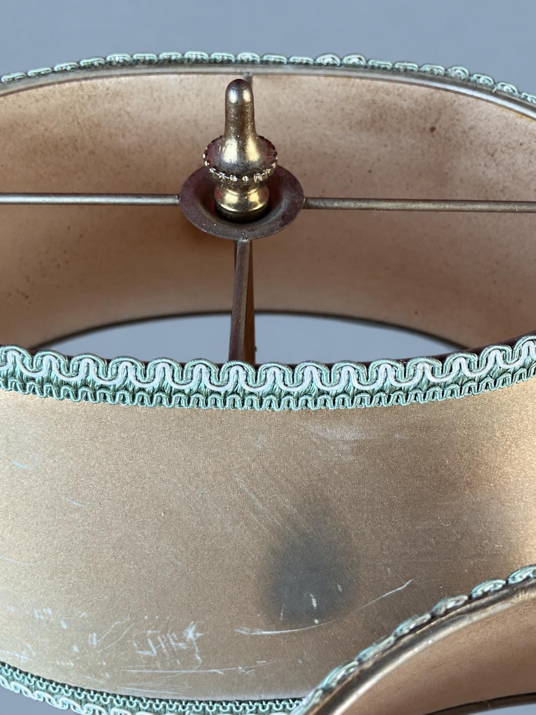 Vintage Bronze Bouillotte Table Lamps Pair, Tan Shades with Blue Braid, Two Arms Each, 37 cm