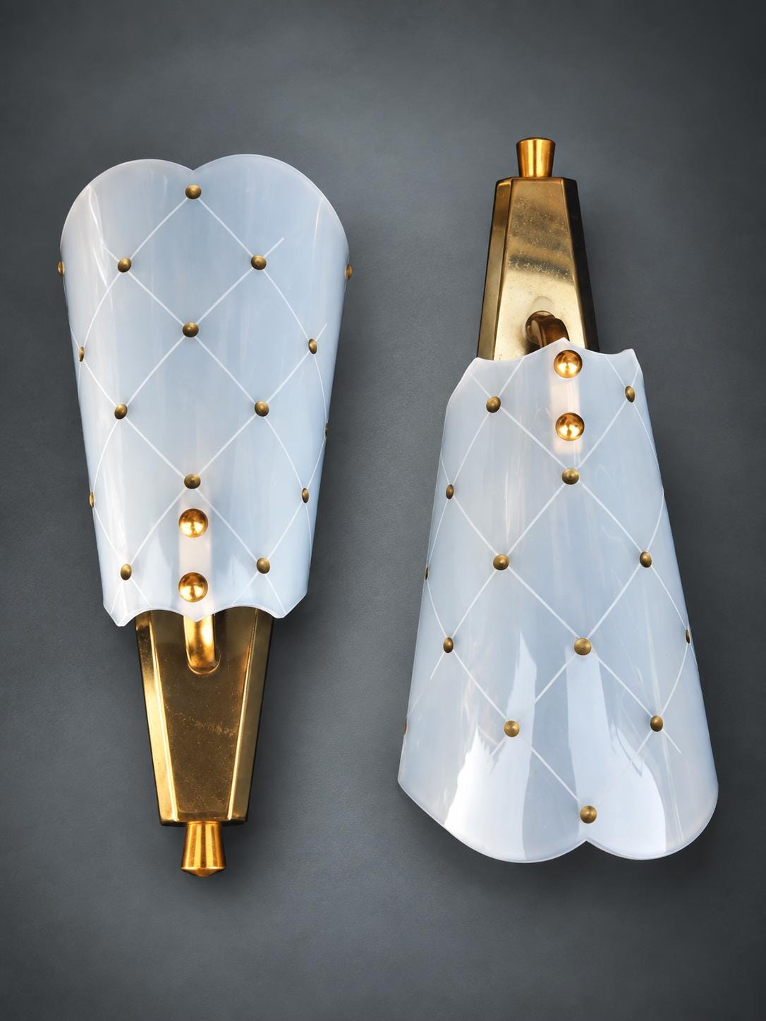 Pair of Black Metal and Brass Wall Sconces, Quilted White Diffuser Shields, 1960s/70s