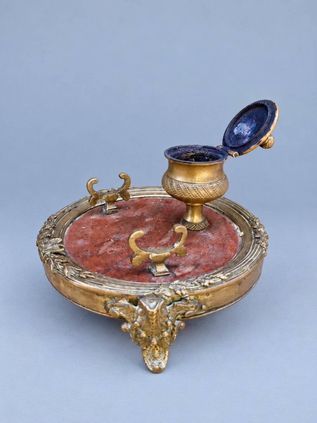 Antique Louis XVI Style Inkwell, Red Marble Circular Tray with Gilt-Tone Metal Urn and Two Pen Rests