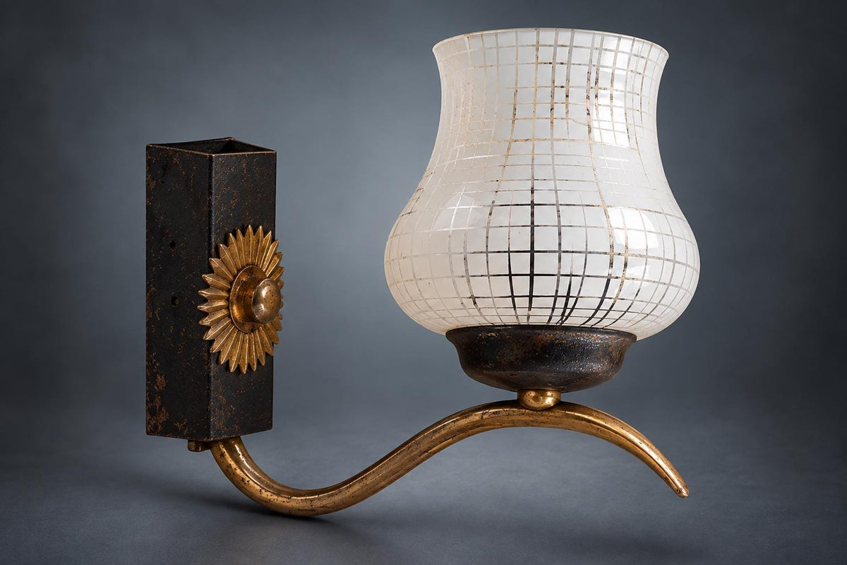 Pair of Gilt Brass Wall Sconces, Sunburst Mounts with Patterned Glass Shades, 1950s