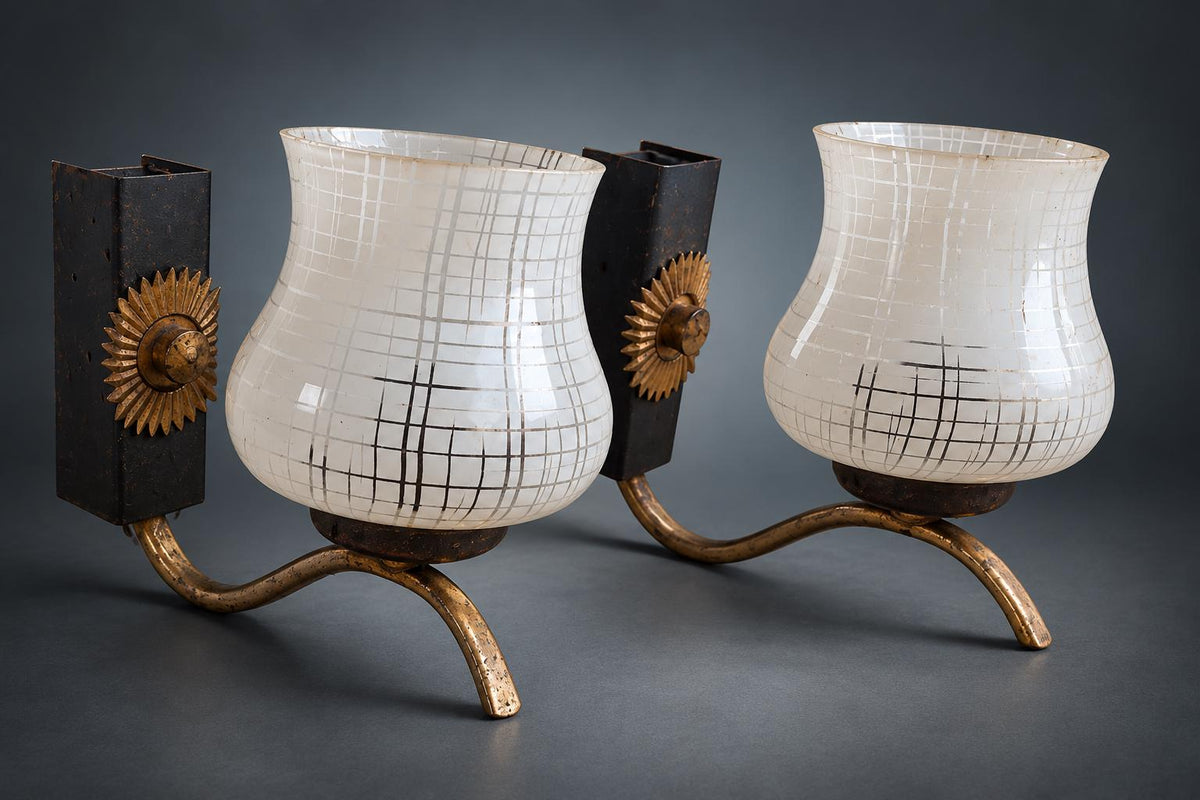 Pair of Gilt Brass Wall Sconces, Sunburst Mounts with Patterned Glass Shades, 1950s