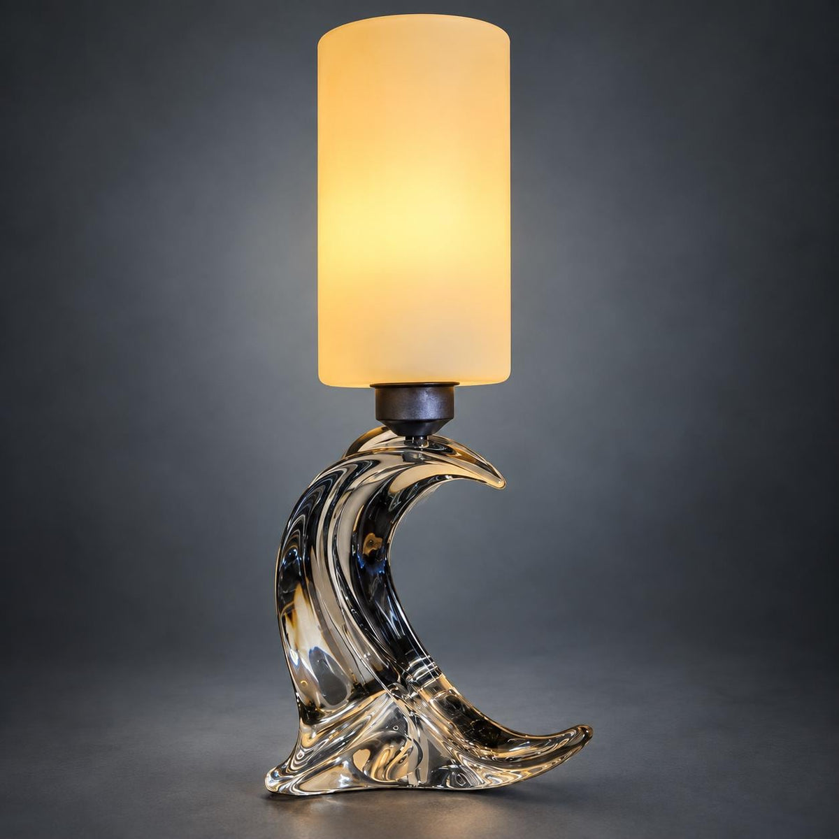 Faceted Glass Table Lamp, Sculptural Wave-Form Base with Opal Glass Shade, 1970s/80s