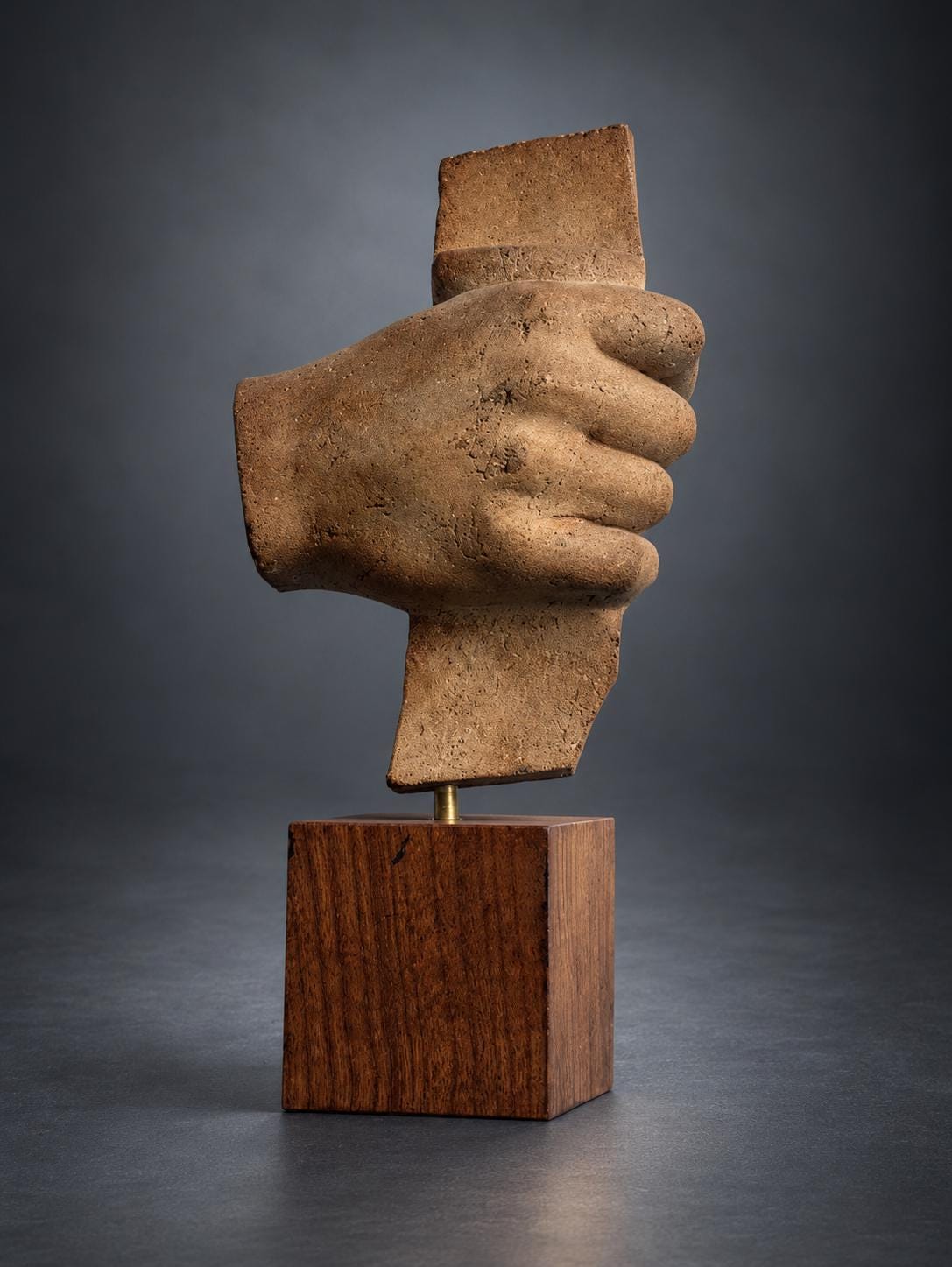 Terracotta Sculpture of an Archer's Hand, Fragment Study on Wood Base