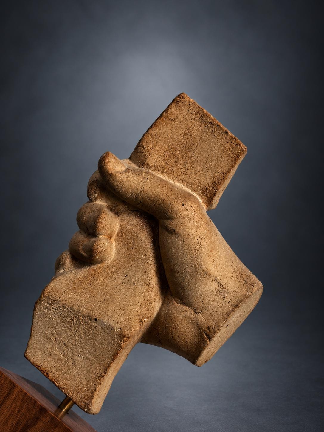 Terracotta Sculpture of an Archer's Hand, Fragment Study on Wood Base