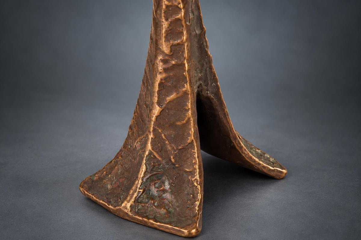 Brutalist Cast Metal Candlestick, Patinated and Gilt Finish