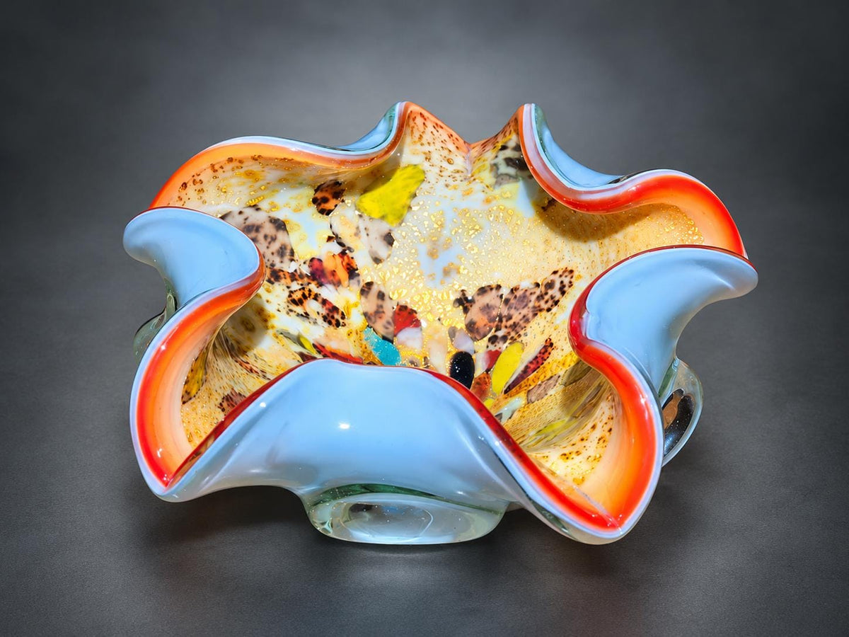 Hand-Blown Opal Art Glass Bowl with Gold Inclusions, Ruffled Rim, Murano Style