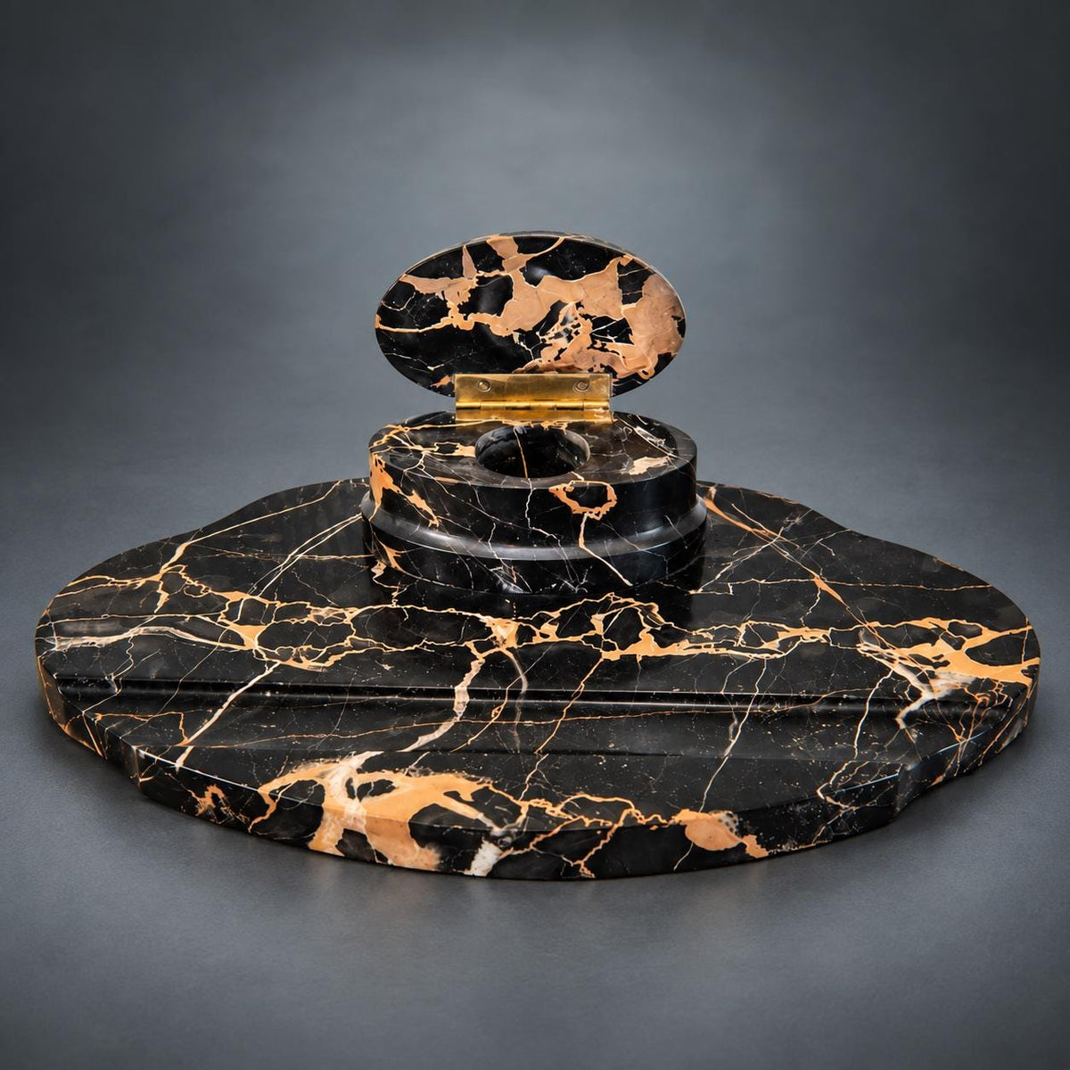 Veined Black and Gold Marble Inkwell, Brass-Hinged Lid on Oval Base