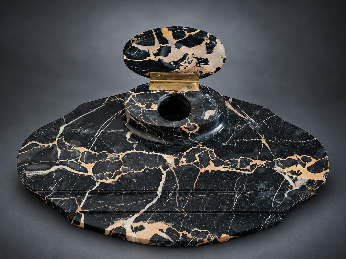 Veined Black and Gold Marble Inkwell, Brass-Hinged Lid on Oval Base