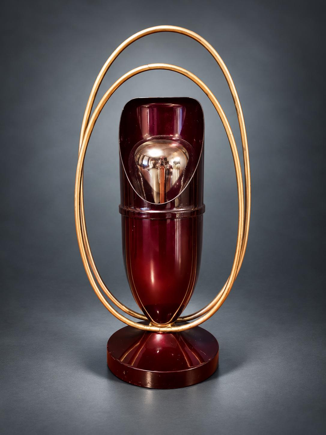 Art Deco Bakelite and Chrome Table Lamp, Teardrop Shade with Orbiting Rings