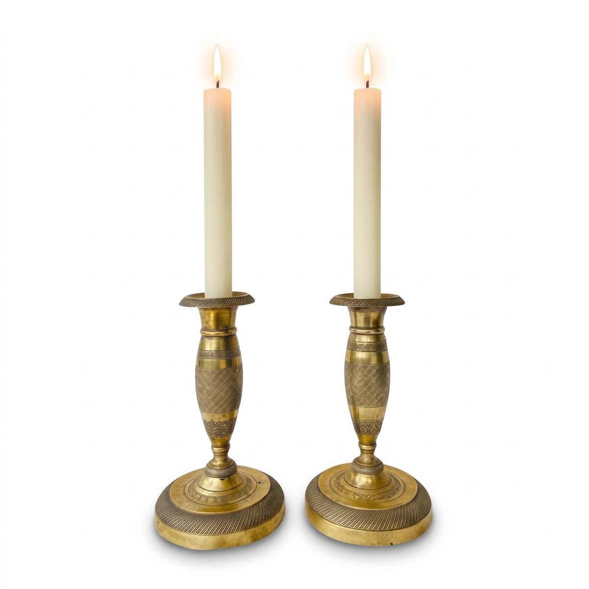 Antique Pair of Restauration Style Small "Ragot" Candlesticks, Brass-Tone Metal with Chased Diaper Pattern, Early 19th Century