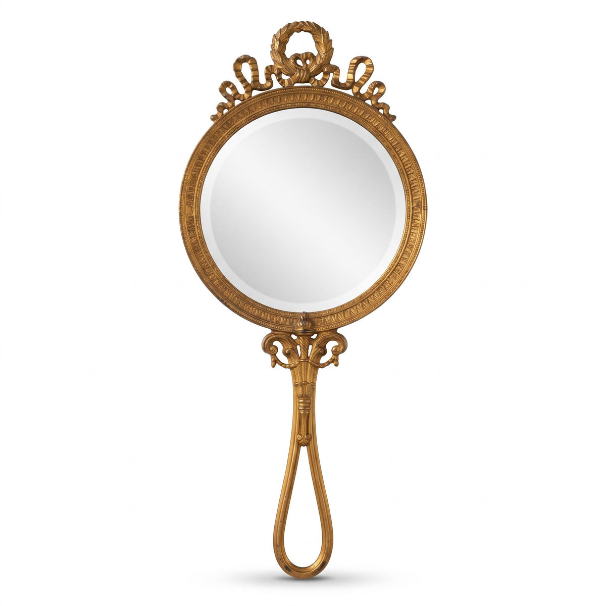 Louis XVI Style Gold-Tone Hand Mirror, Laurel Wreath and Ribbon Frame, Beveled Glass, 28.5 cm