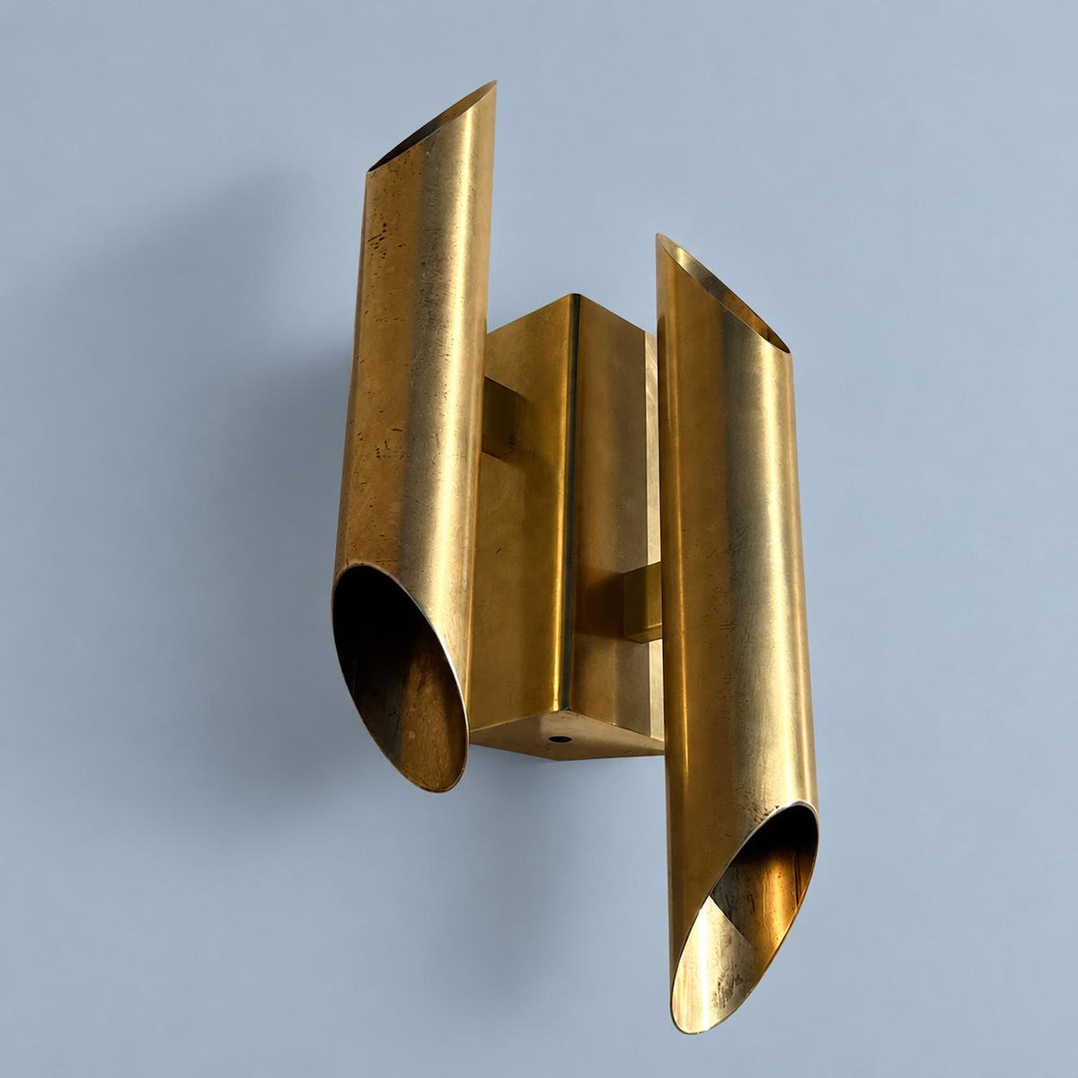 Vintage 1970s Mid-Century Brass-Tone Two-Light Up-and-Down Wall Sconce with Angle-Cut Tubes