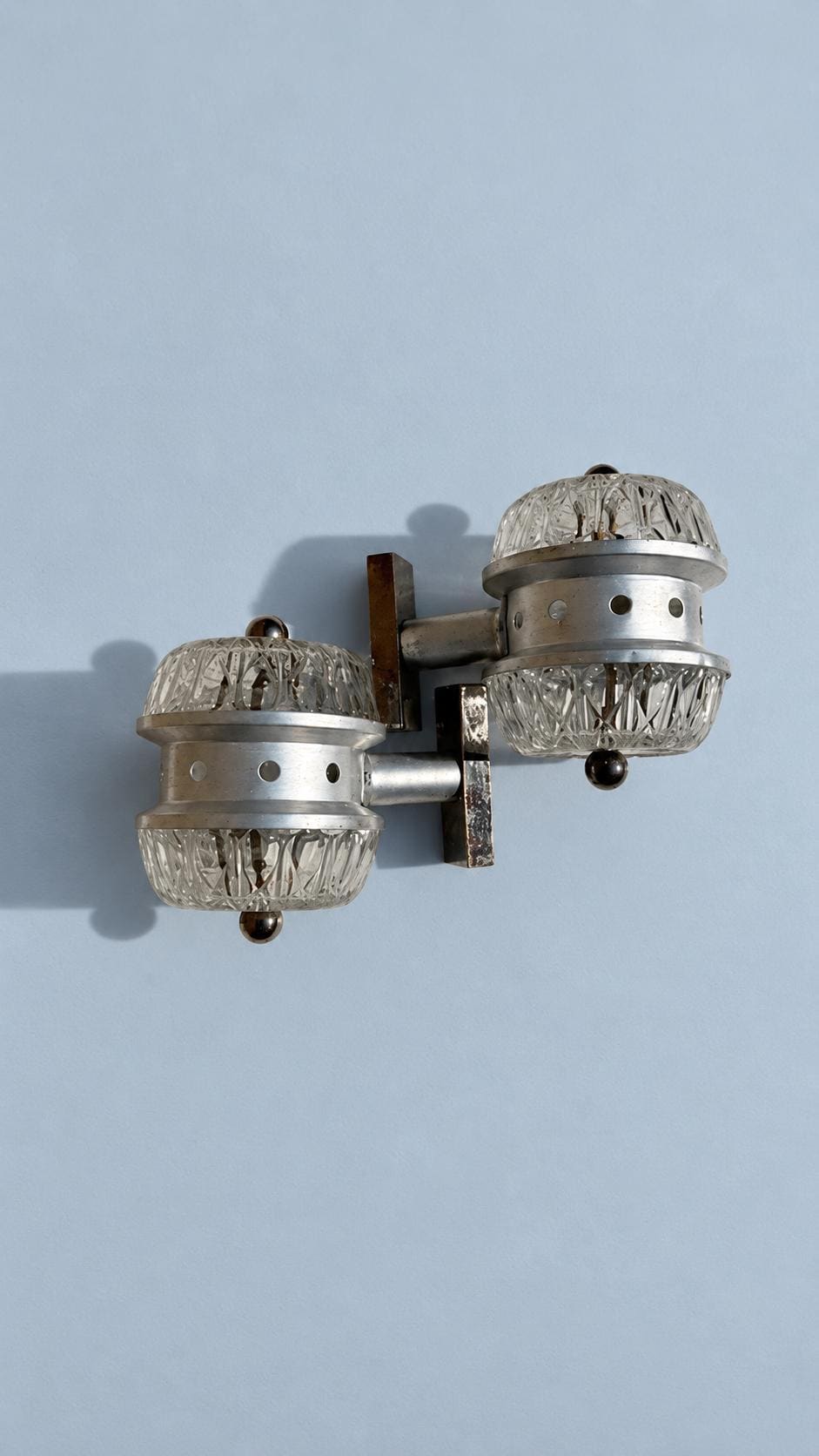 Vintage 1970s Pair of Small Aluminium-Tone and Moulded Glass Wall Sconces with Ball Finials